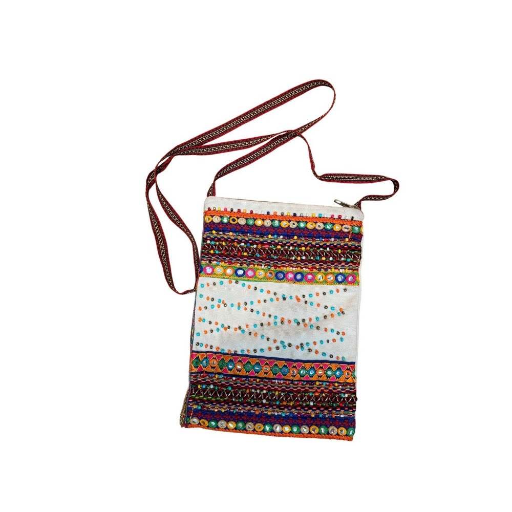 Boho Embroidered Mirror Work Beaded Canvas Crossbody‎ Bag Festival Tribal White
